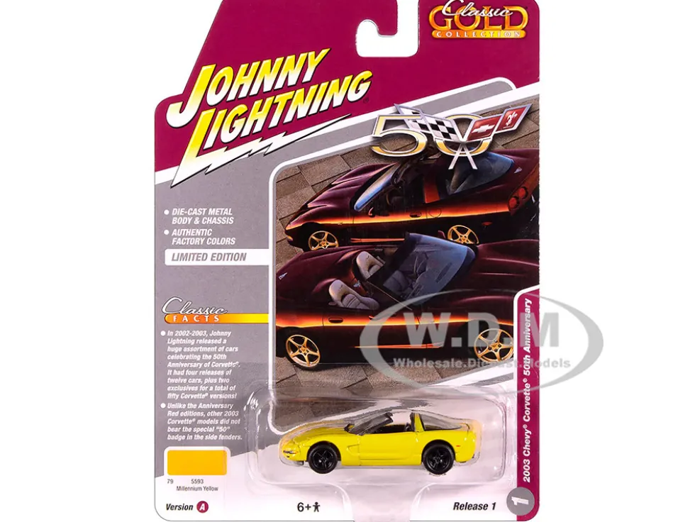 2003 Chevrolet Corvette Convertible "50th Anniversary" Millennium Yellow "Classic Gold Collection" 1/64 Diecast Model Car by Johnny Lightning