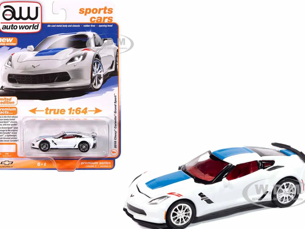 2018 Chevrolet Corvette Grand Sport Arctic White with Blue Stripe and Red Interior "Sports Cars" Series 1/64 Diecast Model Car by Auto World
