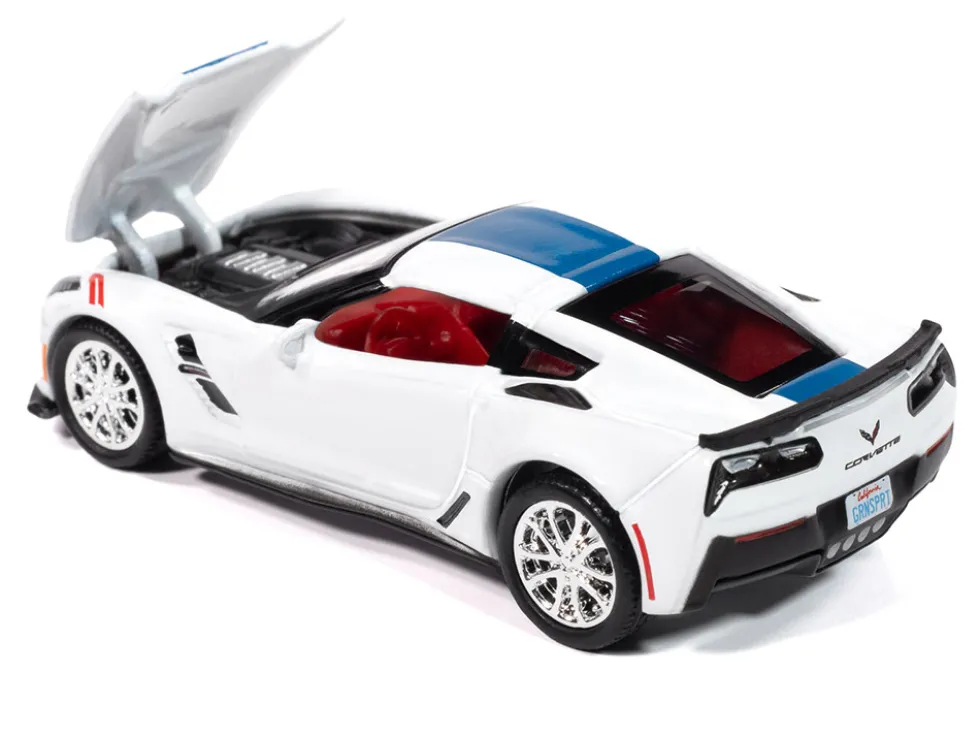 2018 Chevrolet Corvette Grand Sport Arctic White with Blue Stripe and Red Interior "Sports Cars" Series 1/64 Diecast Model Car by Auto World