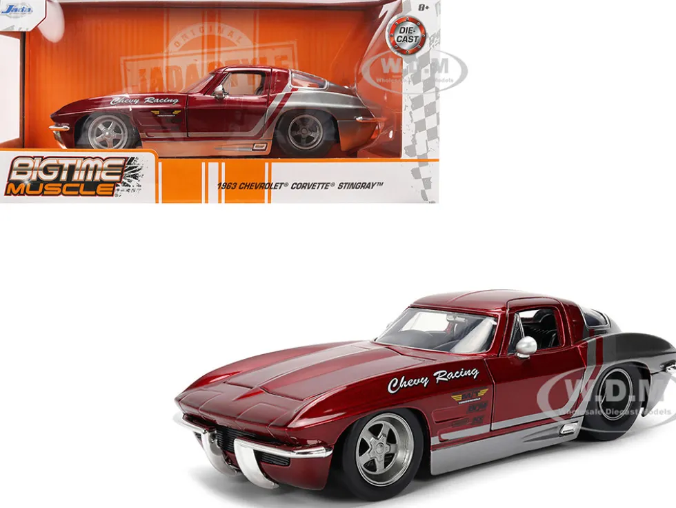1963 Chevrolet Corvette Stingray "Chevy Racing" Red Metallic and Gray "Bigtime Muscle" Series 1/24 Diecast Model Car by Jada