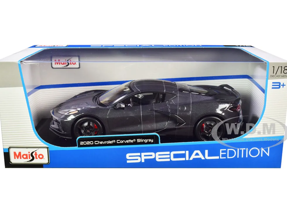 2020 Chevrolet Corvette Stingray C8 Dark Gray Metallic Racing Stripes 1/18 Diecast Model Car Maisto 31447