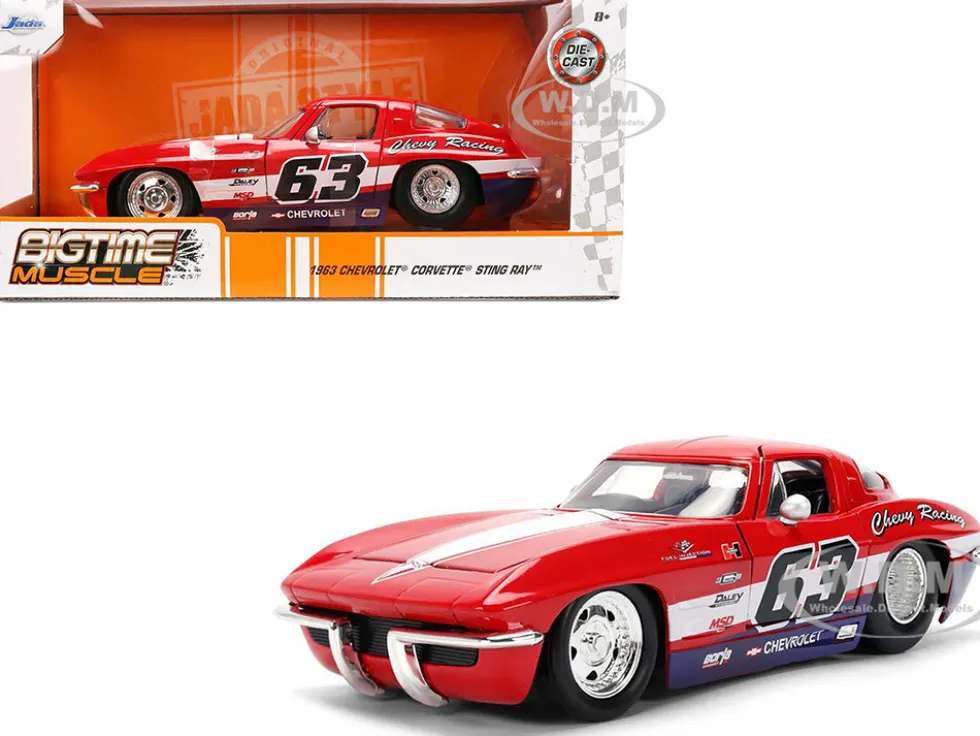 1963 Chevrolet Corvette Stingray #63 "Chevy Racing" Red with White and Blue Stripes "Bigtime Muscle" Series 1/24 Diecast Model Car by Jada