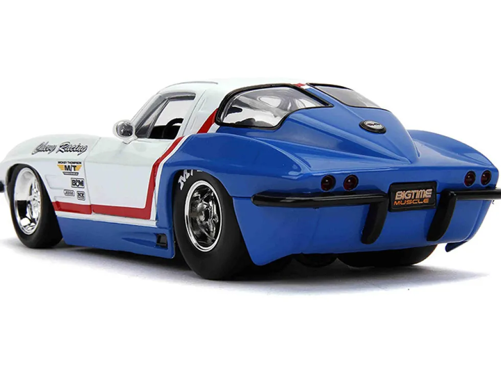 1963 Chevrolet Corvette Stingray White Blue Red Stripe Chevy Racing Bigtime Muscle 1/24 Diecast Model Car Jada 31666