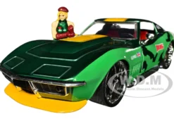 1969 Chevrolet Corvette Stingray ZL1 Green Metallic with Yellow Stripes and Cammy Diecast Figure Street Fighter Video Game Anime Hollywood Rides Series 1/24 Diecast Model Car Jada 30837