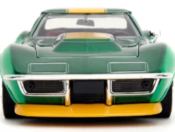 1969 Chevrolet Corvette Stingray ZL1 Green Metallic with Yellow Stripes and Cammy Diecast Figure Street Fighter Video Game Anime Hollywood Rides Series 1/24 Diecast Model Car Jada 30837