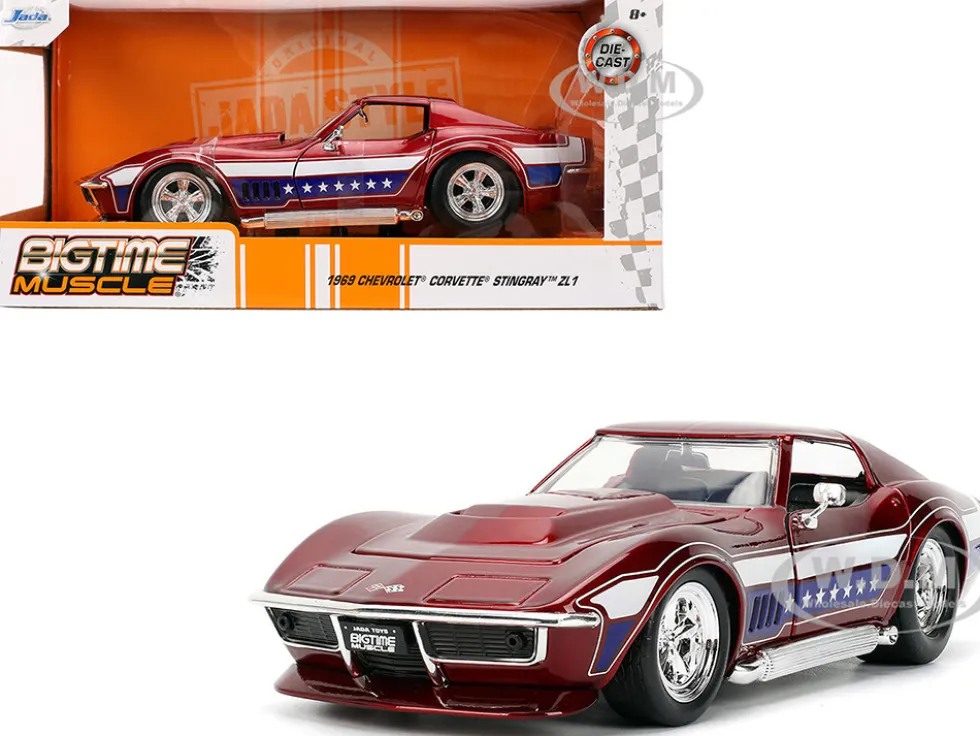 1969 Chevrolet Corvette Stingray ZL1 Red Metallic with Stars and Stripes Graphics "Bigtime Muscle" Series 1/24 Diecast Model Car by Jada