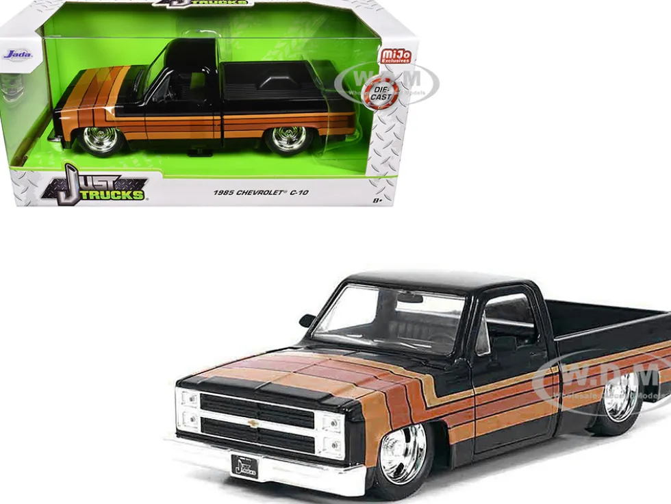 1985 Chevrolet C-10 Pickup Truck Black with Stripes and GM Rally Wheels "Just Trucks" Series 1/24 Diecast Model Car by Jada