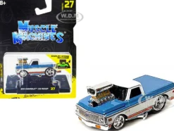 1972 Chevrolet C10 Pickup Truck Blue and White with Stripes 1/64 Diecast Model Car Muscle Machines 15567BL