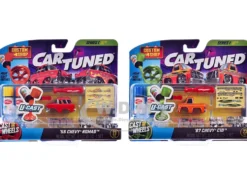 1987 Chevrolet C10 Pickup Truck Orange and 1956 Chevrolet Nomad Red "Custom Shop" 2 Car Set Diecast Model Cars by CarTuned
