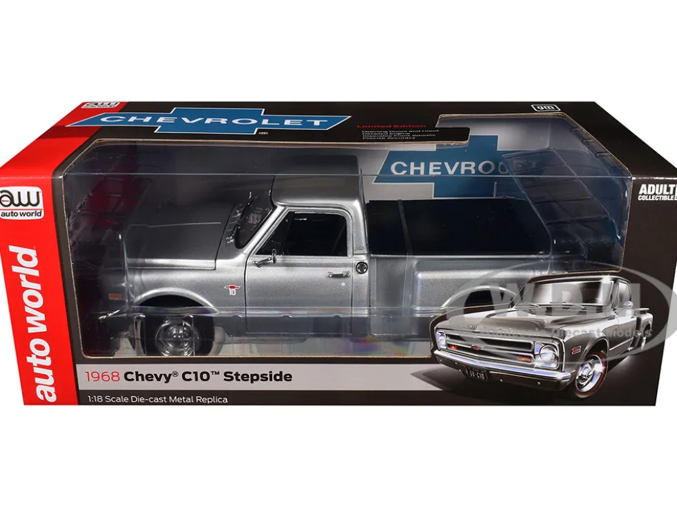 1968 Chevrolet C10 Stepside Pickup Truck Silver Metallic 1/18 Diecast Model Car by Auto World
