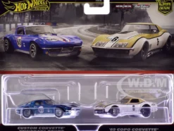Chevrolet Custom Corvette Stingray Coupe #65 Blue Metallic with White Stripes and 1969 Chevrolet COPO Corvette #6 Gold Metallic and White "Car Culture" Set of 2 Cars Diecast Model Cars by Hot Wheels