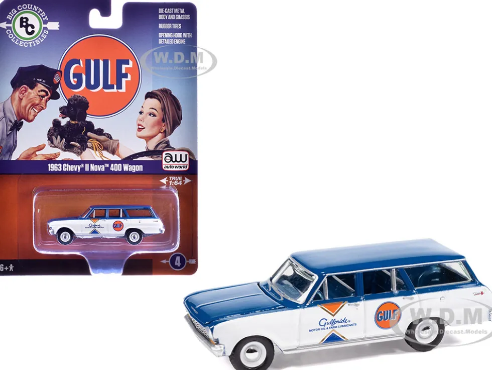 1963 Chevrolet II Nova 400 Wagon "Gulf" Blue and White with Blue Interior "Big Country Collectibles" 2025 Series 1/64 Diecast Model Car by Auto World