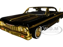 1964 Chevrolet Impala Lowrider Black with Gold Graphics and Wheels "Midnight Eclipse" Series 1/24 Diecast Model Car by Motormax