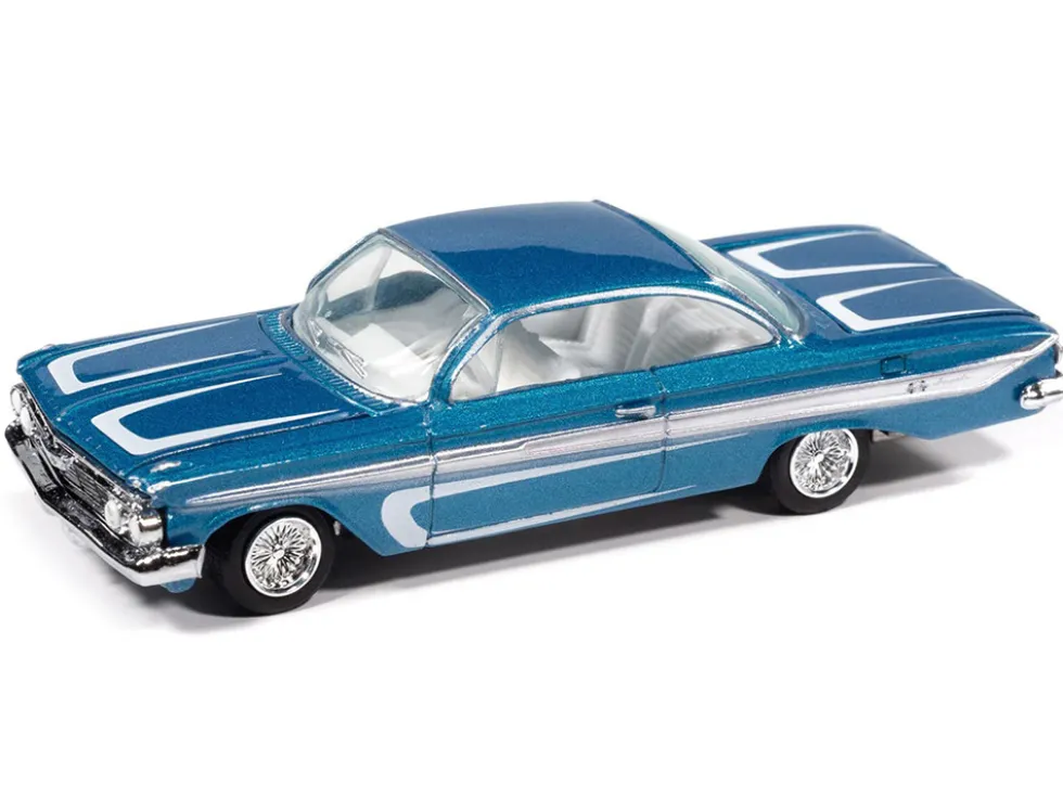 1961 Chevrolet Impala SS 409 Blue Metallic with White Stripes and Interior "Scrapin'" Series 1/64 Diecast Model Car by Johnny Lightning