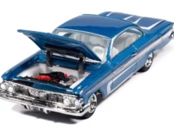 1961 Chevrolet Impala SS 409 Blue Metallic with White Stripes and Interior "Scrapin'" Series 1/64 Diecast Model Car by Johnny Lightning