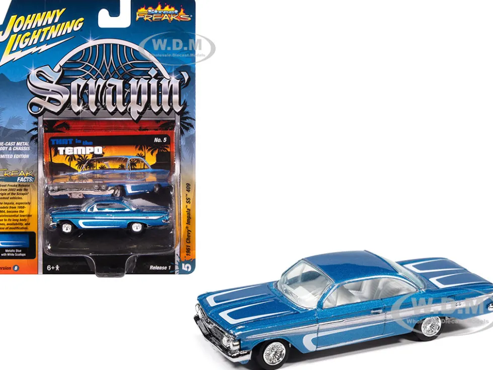 1961 Chevrolet Impala SS 409 Blue Metallic with White Stripes and Interior "Scrapin'" Series 1/64 Diecast Model Car by Johnny Lightning