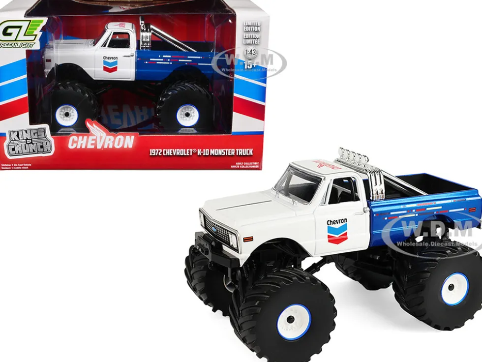 1972 Chevrolet K-10 Monster Truck "Chevron 150th Anniversary" White and Blue Metallic "Kings of Crunch" Series 1/43 Diecast Model Car by Greenlight