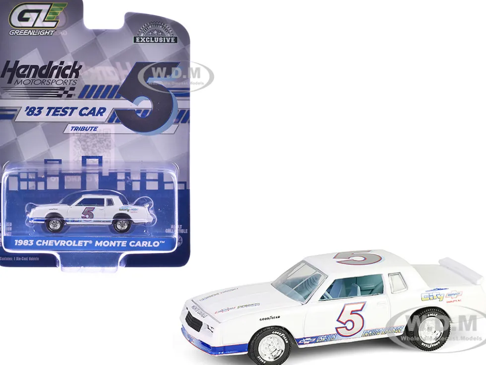 1983 Chevrolet Monte Carlo #5 "Hendrick Motorsports First Test Car Tribute" White with Blue Stripes and Interior "Hobby Exclusive" Series 1/64 Diecast Model Car by Greenlight