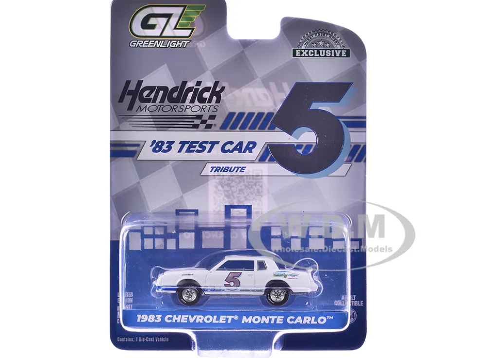 1983 Chevrolet Monte Carlo #5 "Hendrick Motorsports First Test Car Tribute" White with Blue Stripes and Interior "Hobby Exclusive" Series 1/64 Diecast Model Car by Greenlight