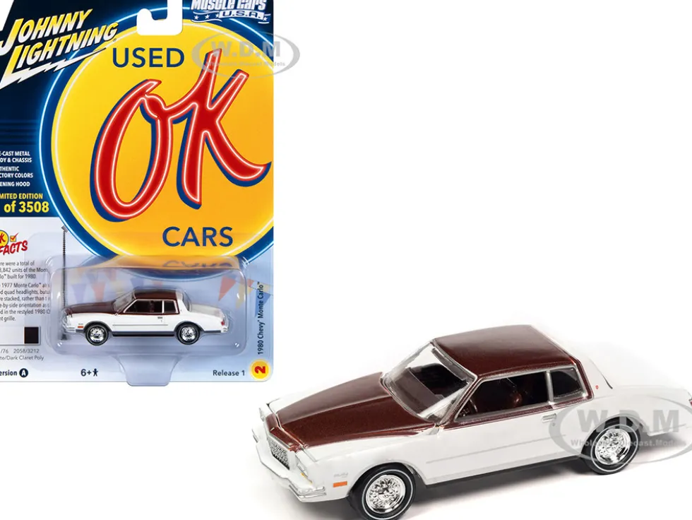 1980 Chevrolet Monte Carlo White and Dark Claret Brown Metallic Top and Hood Limited Edition to 3508 pieces Worldwide OK Used Cars 2023 Series 1/64 Diecast Model Car Johnny Lightning JLMC032-JLSP336A