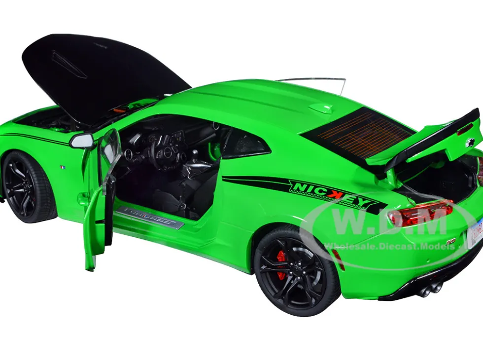 2017 Chevrolet Nickey Camaro SS 1LE Krypton Green with Matt Black Hood Black Stripes 1/18 Diecast Model Car Auto World AMM1276