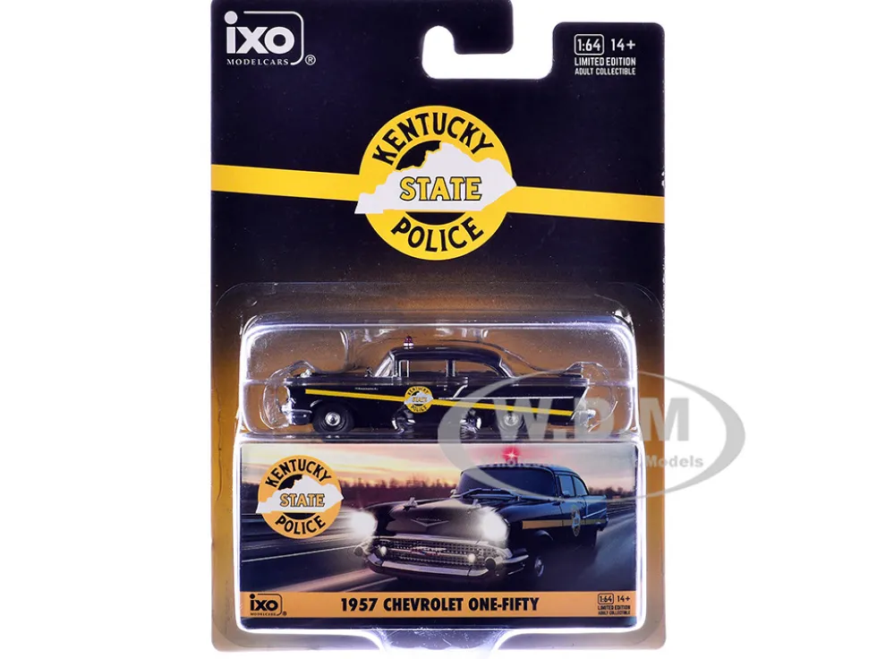 1957 Chevrolet One-Fifty Police Car "Kentucky State Police" Black with Yellow Stripes 1/64 Diecast Model Car by IXO Models