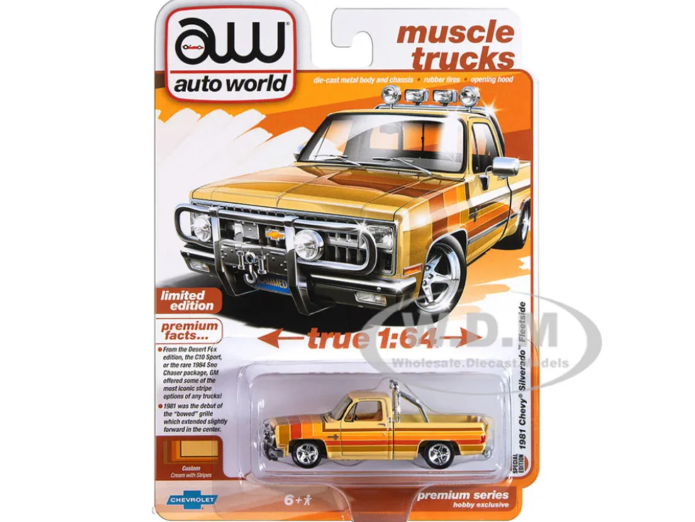 1981 Chevrolet Silverado Fleetside Pickup Truck Cream with Stripes "Hobby Exclusive" Series 1/64 Diecast Model Car by Auto World