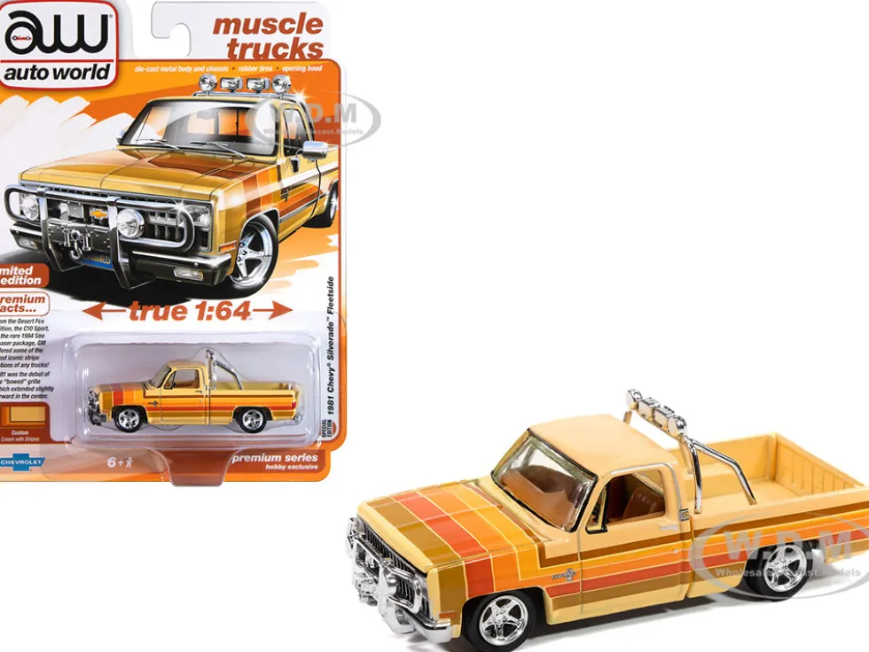 1981 Chevrolet Silverado Fleetside Pickup Truck Cream with Stripes "Hobby Exclusive" Series 1/64 Diecast Model Car by Auto World