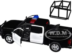 2017 Chevrolet Silverado 1500 LT Z71 Crew Cab Pickup Truck with Bed Cage Black and White with Flashing Light Bar and Front and Rear Lights and Sounds 1/27 Diecast Model Car by Motormax