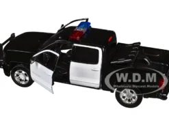 2017 Chevrolet Silverado 1500 LT Z71 Crew Cab Pickup Truck Black and White with Flashing Light Bar and Front and Rear Lights and Sounds 1/27 Diecast Model Car by Motormax
