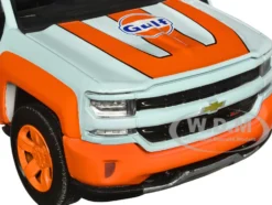 2017 Chevrolet Silverado 1500 LT Z71 Crew Cab Pickup Truck Light Blue with Orange Stripes Gulf Oil Gulf Die Cast Collection 1/27 Diecast Model Car Motormax 79666GULF