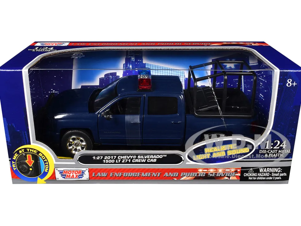 2017 Chevrolet Silverado 1500 LT Z71 Crew Cab Pickup Truck with Bed Cage Dark Blue with Flashing Light Bar and Front and Rear Lights and Sounds 1/27 Diecast Model Car by Motormax