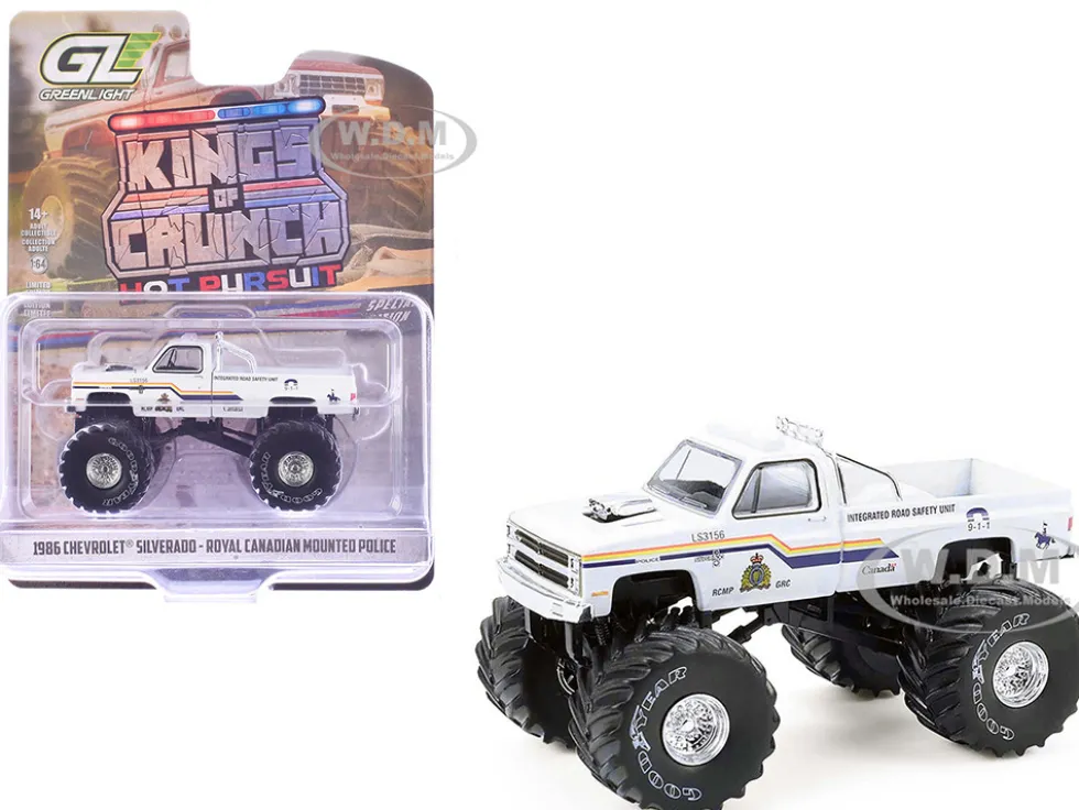 1986 Chevrolet Silverado Monster Truck "Royal Canadian Mounted Police" White with Stripes "Kings of Crunch - Hot Pursuit" Special Edition 1/64 Diecast Model Car by Greenlight