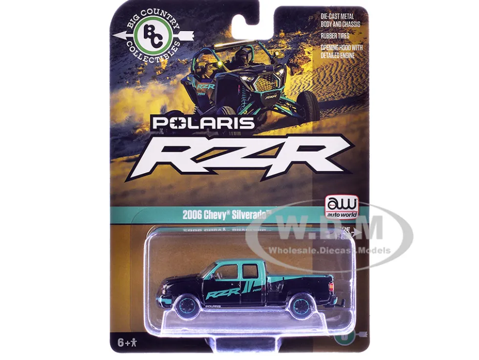 2006 Chevrolet Silverado Pickup Truck "Polaris RZR" Black and Blue "Big Country Collectibles" 2025 Series 1/64 Diecast Model Car by Auto World