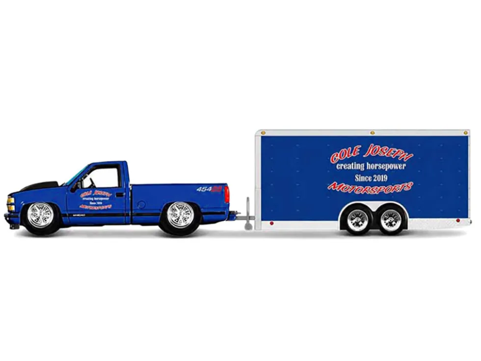 1993 Chevrolet 454 SS Pickup Truck Blue Metallic with Black Hood and Car Trailer Blue Metallic "Cole Joseph Motorsports" "Tow & Go" Series 1/64 Diecast Model Car by Maisto