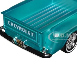 1957 Chevrolet 3100 Stepside Pickup Truck Lowrider Turquoise Metallic and White with White Interior Get Low Series 1/24 Diecast Model Car Motormax 79032tur