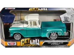 1957 Chevrolet 3100 Stepside Pickup Truck Lowrider Turquoise Metallic and White with White Interior Get Low Series 1/24 Diecast Model Car Motormax 79032tur