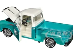 1957 Chevrolet 3100 Stepside Pickup Truck Lowrider Turquoise Metallic and White with White Interior Get Low Series 1/24 Diecast Model Car Motormax 79032tur