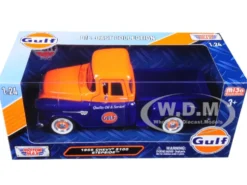 1955 Chevrolet 5100 Stepside Pickup Truck Gulf Dark Blue Orange 1/24 Diecast Model Car Motormax 79651