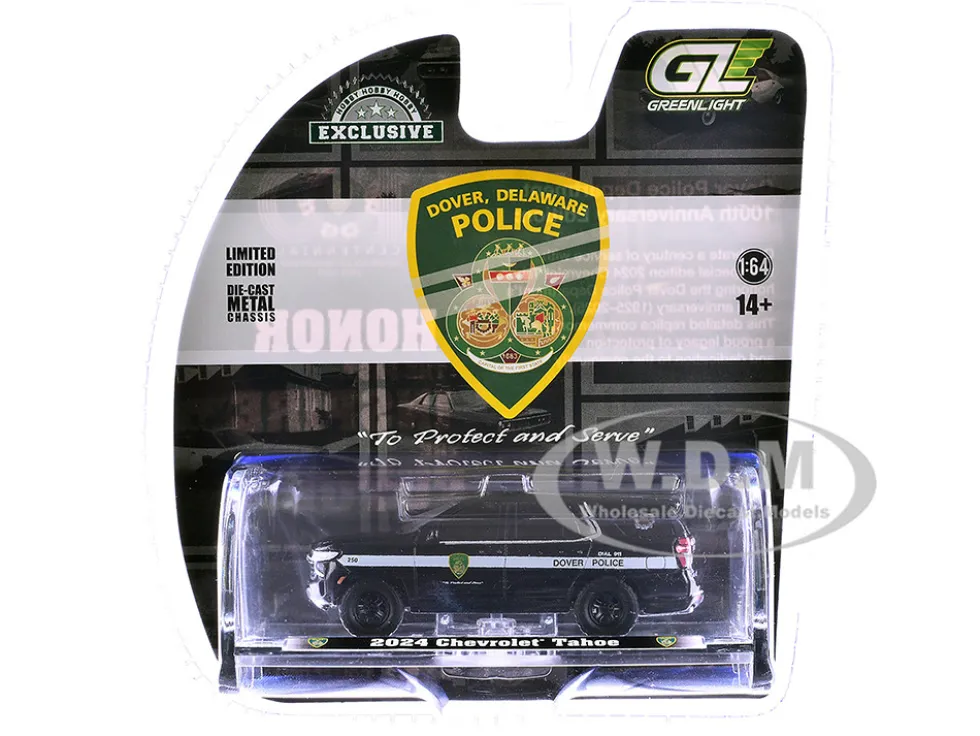 2024 Chevrolet Tahoe Police Pursuit Vehicle "Dover Police – 100th Anniversary Edition" Black with White Stripes "Hobby Exclusive" Series 1/64 Diecast Model Car by Greenlight