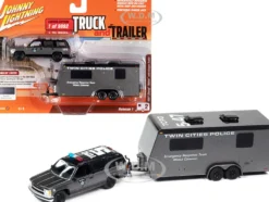 1997 Chevrolet Tahoe SWAT Custom Gray Metallic Black Twin Cities Police Camper Trailer Limited Edition 9892 pieces Worldwide Truck and Trailer Series 1/64 Diecast Model Car Johnny Lightning JLBT016-JLSP300A