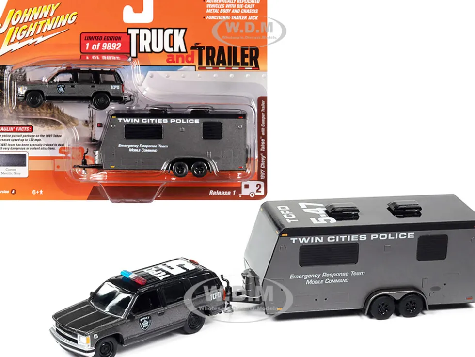 1997 Chevrolet Tahoe SWAT Custom Gray Metallic Black Twin Cities Police Camper Trailer Limited Edition 9892 pieces Worldwide Truck and Trailer Series 1/64 Diecast Model Car Johnny Lightning JLBT016-JLSP300A