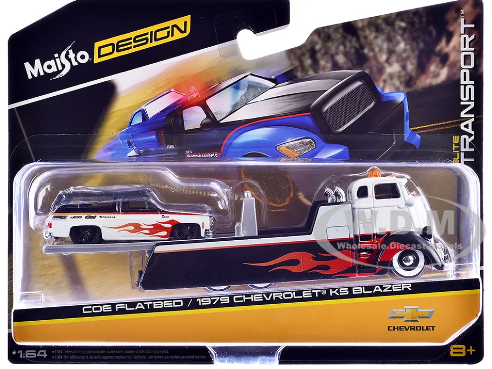 COE Flatbed Truck White and Black with Flame Graphics and 1979 Chevrolet K5 Blazer Black and White with Flame Graphics "Elite Transport" Series 1/64 Diecast Models by Maisto