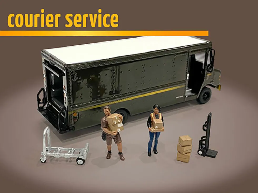 Courier Service 5 Piece Diecast Figures Set 2 Worker Figures 3 accessories Limited Edition 4800 pieces Worldwide 1/64 Scale Models American Diorama 76495