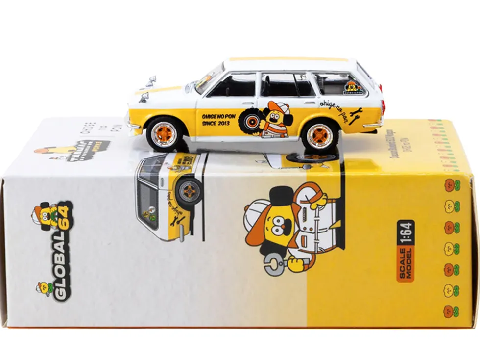 Datsun Bluebird 510 Wagon "Ohige no Pon" White with Orange Stripes and Graphics "Global64" Series 1/64 Diecast Model by Tarmac Works