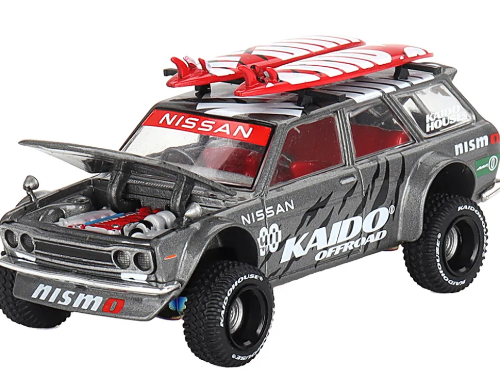 Datsun Kaido 510 Wagon 4x4 RHD (Right Hand Drive) "Kaido Offroad V1" Gray Metallic with Red Interior and Surfboards on Roof (Designed by Jun Imai) "Kaido House" Special 1/64 Diecast Model Car by Mini GT