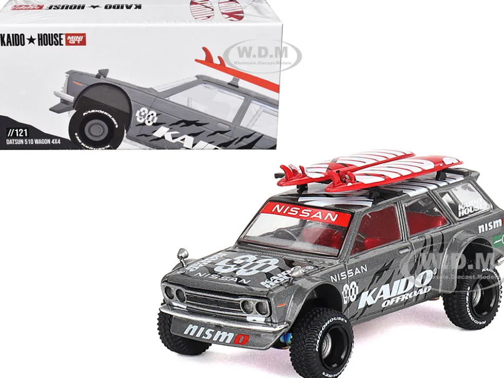 Datsun Kaido 510 Wagon 4x4 RHD (Right Hand Drive) "Kaido Offroad V1" Gray Metallic with Red Interior and Surfboards on Roof (Designed by Jun Imai) "Kaido House" Special 1/64 Diecast Model Car by Mini GT