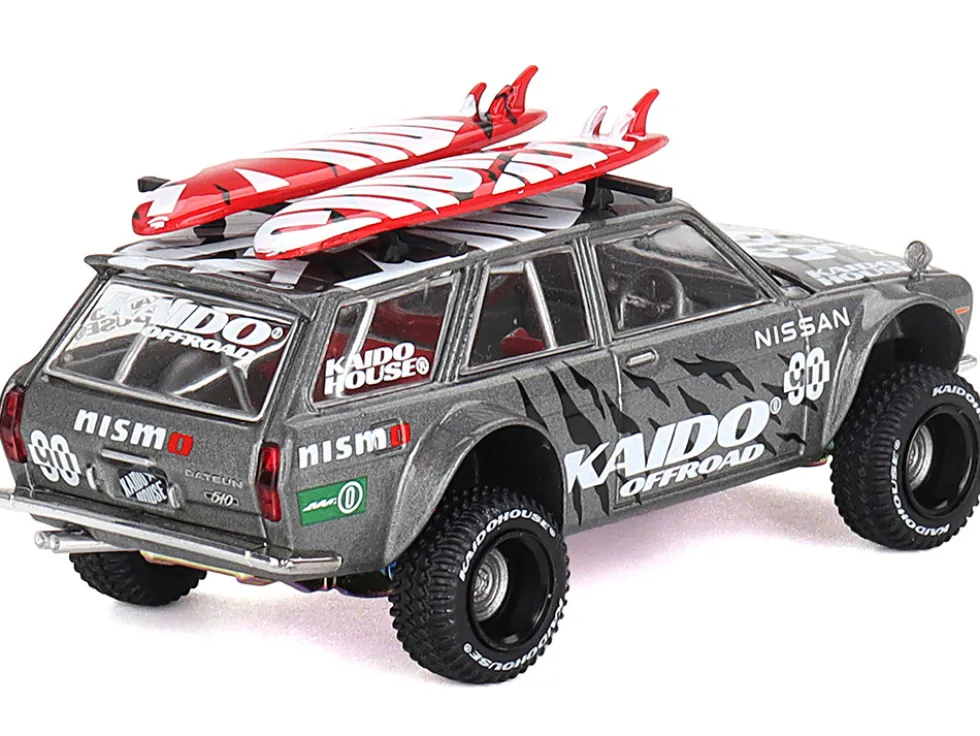 Datsun Kaido 510 Wagon 4x4 RHD (Right Hand Drive) "Kaido Offroad V1" Gray Metallic with Red Interior and Surfboards on Roof (Designed by Jun Imai) "Kaido House" Special 1/64 Diecast Model Car by Mini GT