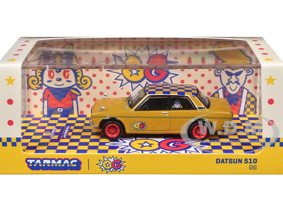 Datsun 510 "OG Beer" Yellow with Checkered Top "Hobby64" Series 1/64 Diecast Model Car by Tarmac Works