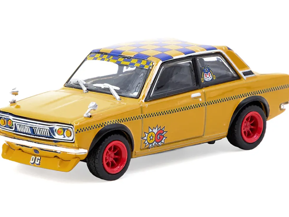 Datsun 510 "OG Beer" Yellow with Checkered Top "Hobby64" Series 1/64 Diecast Model Car by Tarmac Works